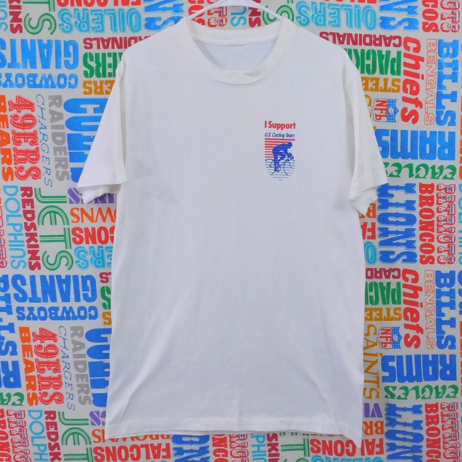 Vintage 90s I Support US Cycling Team T Shirt Size L White Red Blue Chest Logo