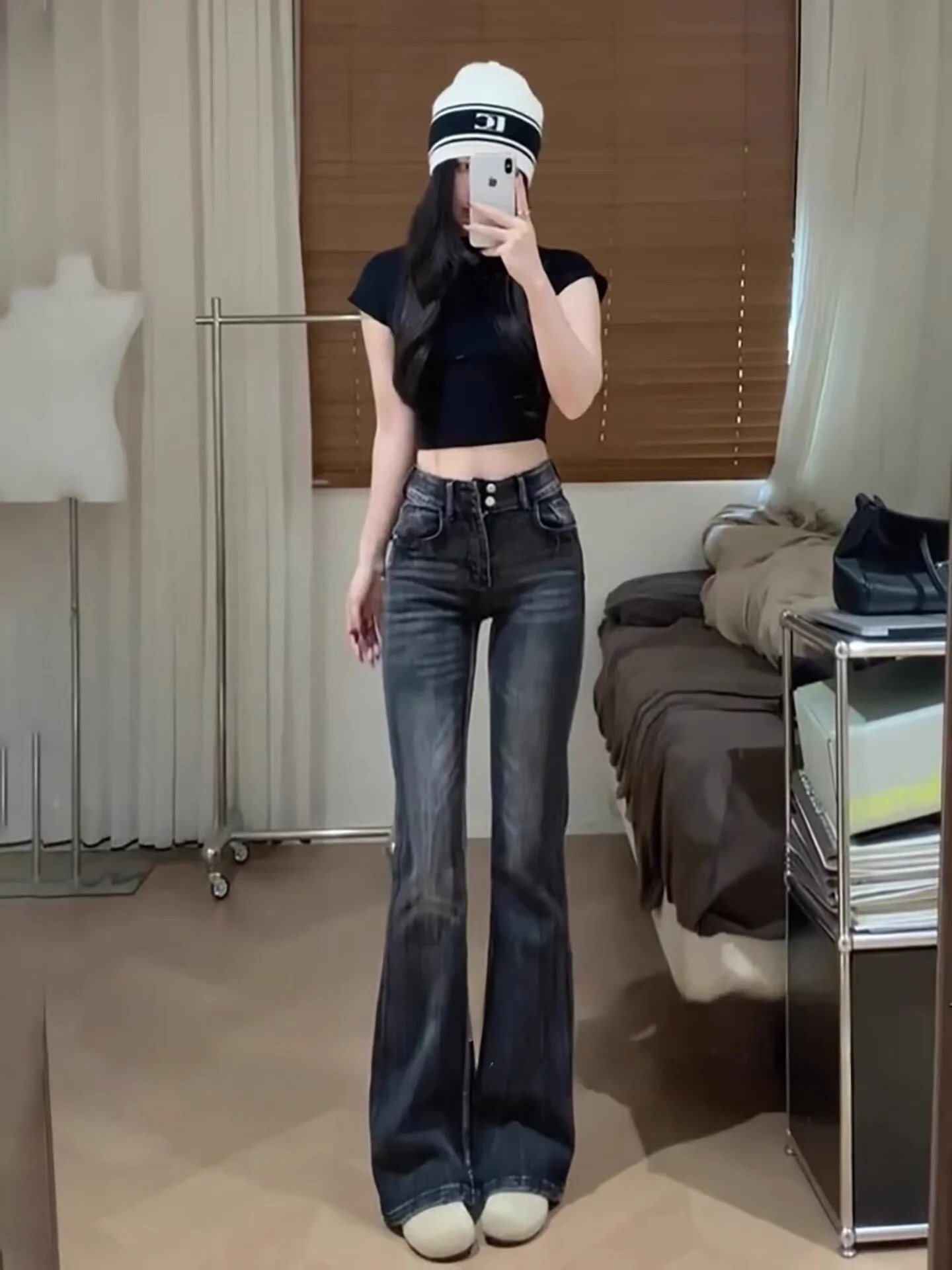 

Джинсы-клеш с высокой талией из хлопка с эффектом бамбука, с узором в виде молнии, женские повседневные джинсы с высокой посадкой, текстура бамбука