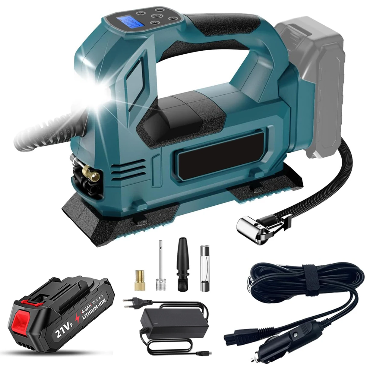 Image of Schnurloser elektrischer Luftbecher, elektrischer Luftpumpe, weil Feuer aufblasbare Luftkompressorpumpe mit LED-Licht für 18-V-Makita-Akku