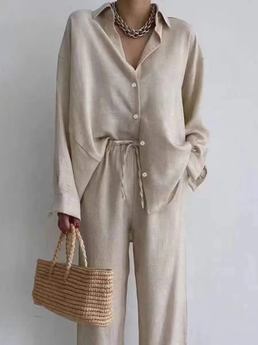 Frauen Baumwolle Leinen irt Lose Breite Bein Hosen Set Dstring Taille Abnehmen Wirkung Casual Sle Frühling Faion Ensemble