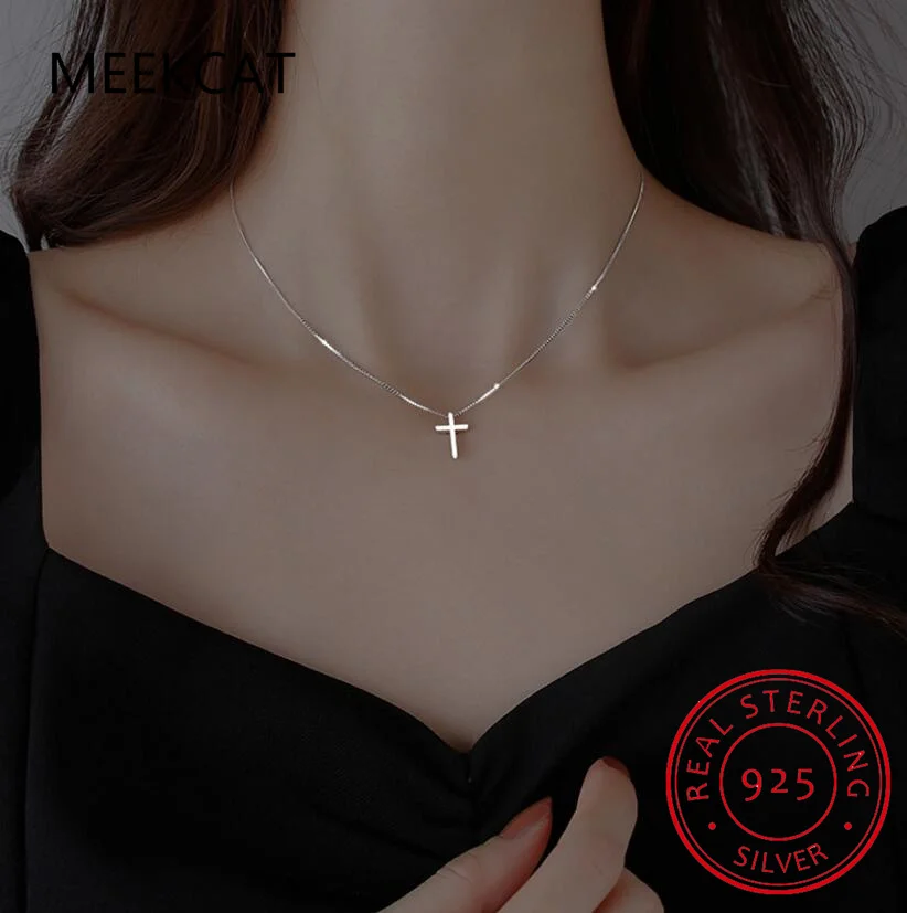 Real 925 Sterling Silver Fashion Sweet Cross Pendant Box Chain Necklace For Women Wedding Party Fine Jewelry DA2710