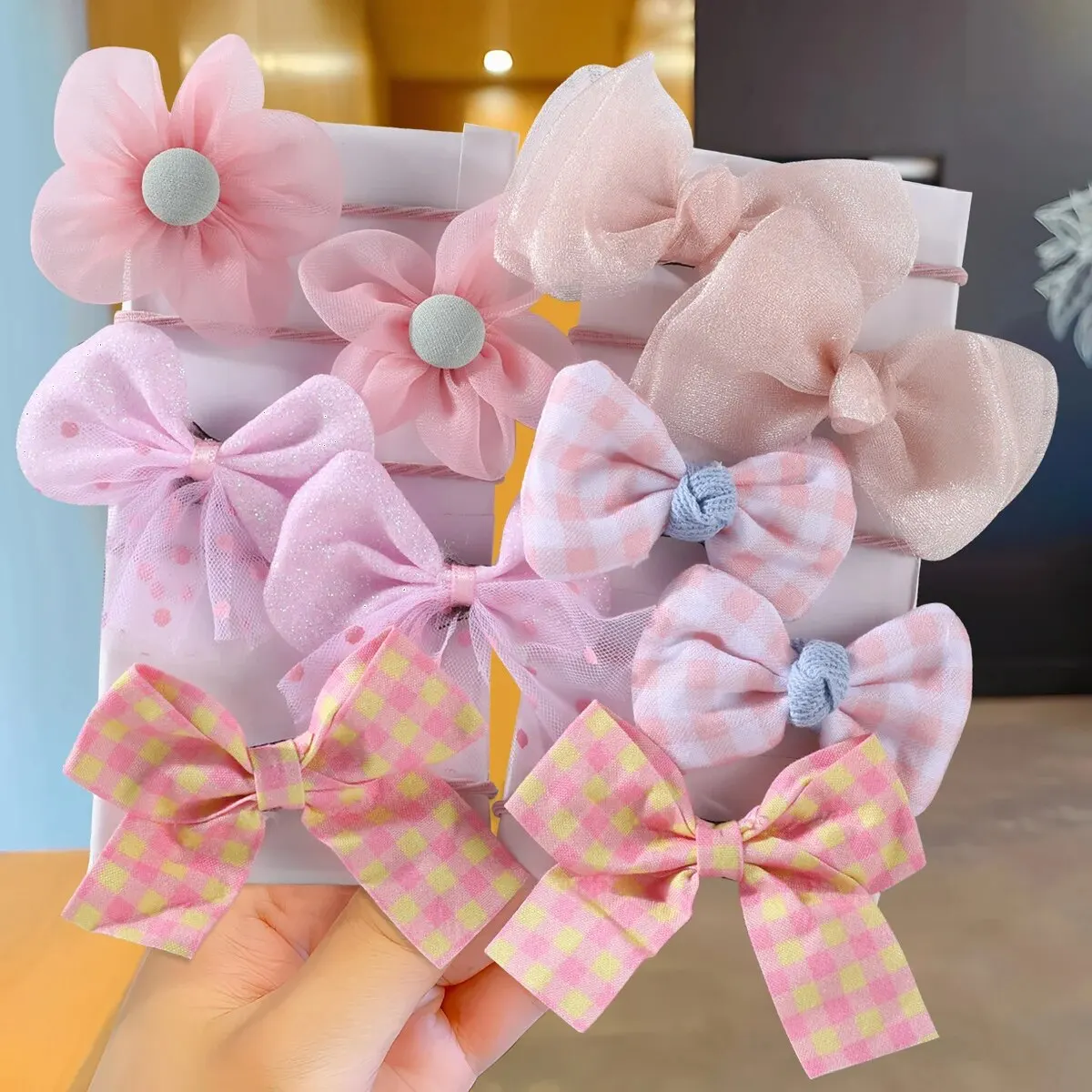 10Pcs/Set Girls Bow Flower Hair Bands Sweet Elastic Hair Ties Children Cute Headbands Ponytail Rubber Band Kids Hair Accessories