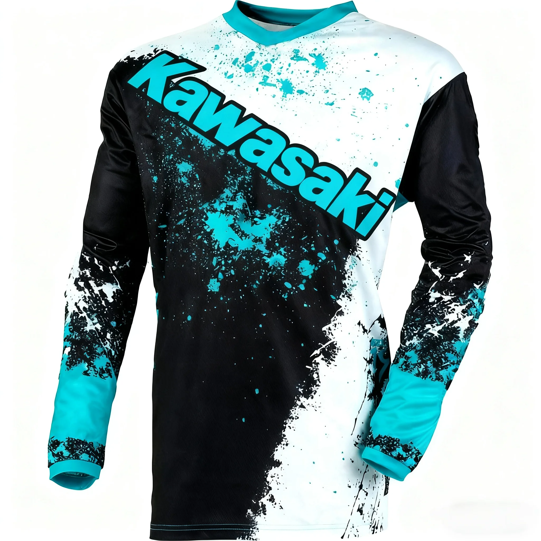 

Kawasaki Graffiti-style 3D Printed Long-sleeve Motocross Jersey with Artistic Colorful Motorcycle Racing Patterns
