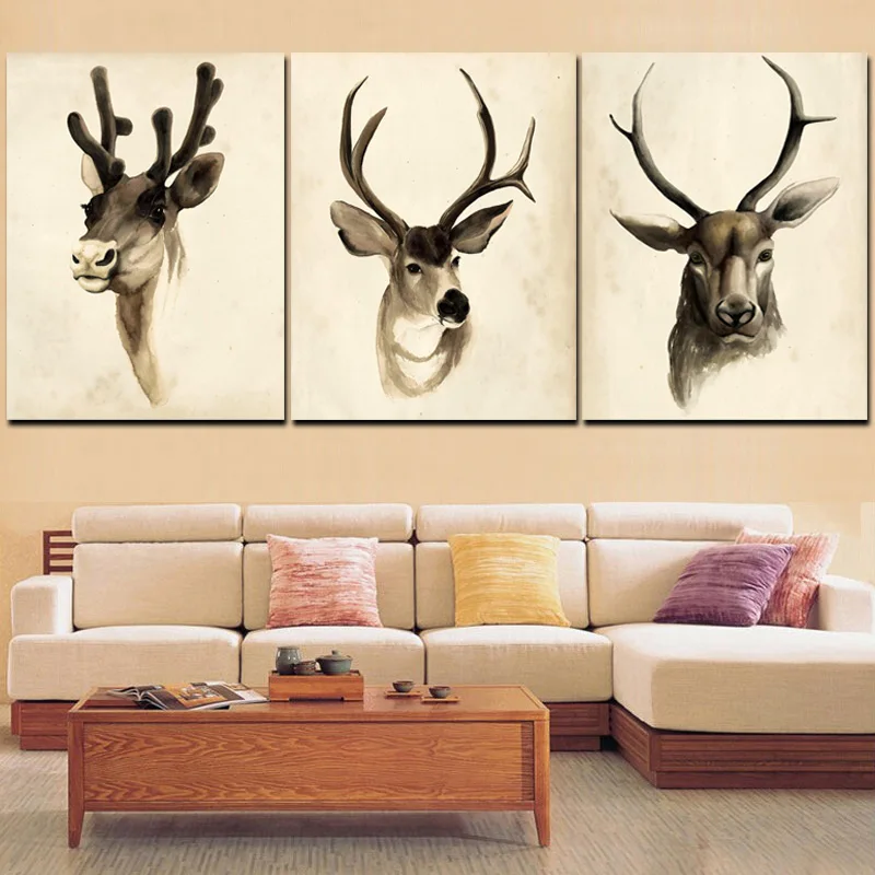 Triptych Minimalist Artistic Deer Elk Head Canvas Painting Giclee Animal Art Print Paintings Poster Wall Picture For Living Room