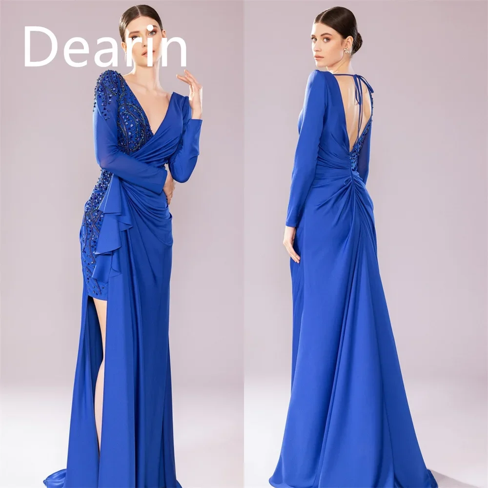 

Customized Formal Gown Dearin V-neck Column Floor Length Skirts Bespoke Occasion Dresses Saudi Arabia Evening Prom Dress