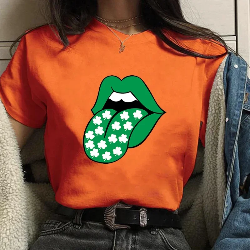 Printed T Shirt Patrick's Day Personalized Creative Lips T-Shirt Women's Casual Lips Shirt Outdoor Shamrock Graphic T-Shirt Top