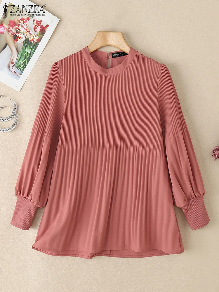 

ZANZEA Plisse Hijab O-Neck Blusas Mujer Muslim Islamic Casual Womens Pleated Blouses Long Sleeve Modest Elegant Day Wear Tops