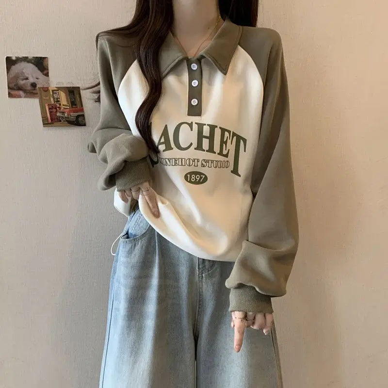 Plus-size Women's Autumn And Winter New Arrival Color-blocking Loose Slimming Letter Print Button Drawstring Long-sleeve T-shirt