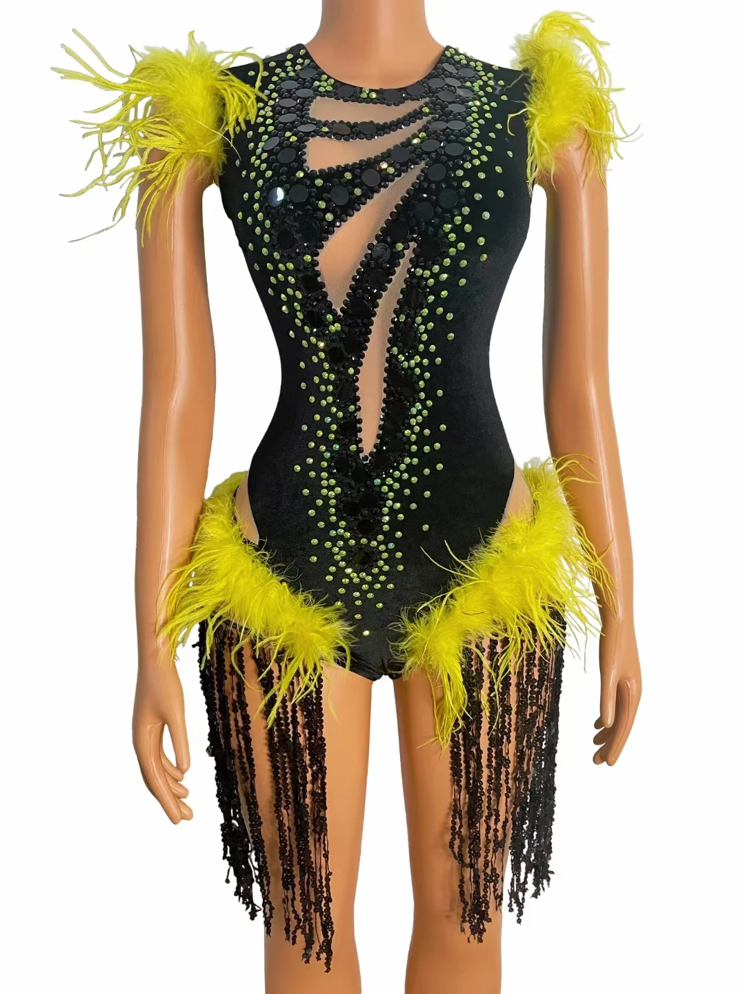 Yellow Feather Rhinestones Hollow Leotard Female Dancer Latin Modern Dance Bodysuit Bar Nightclub DJ Singer Performance Costume