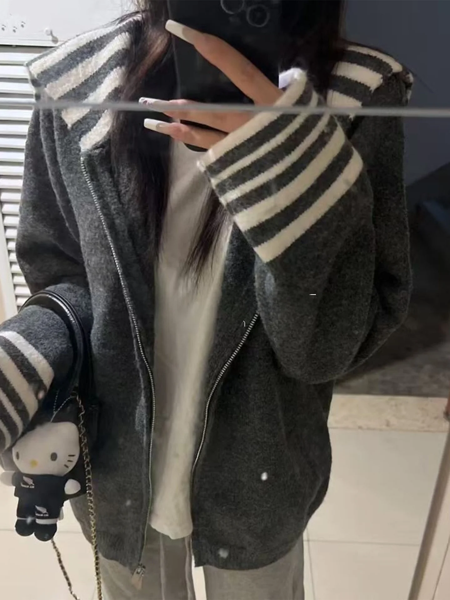 

Женский свитер-пальто Rouje Kefss с воротником-стойкой и цветовыми блоками, осенне-зимний, свободный крой, на молнии, вязаная верхняя одежда в повседневном стиле