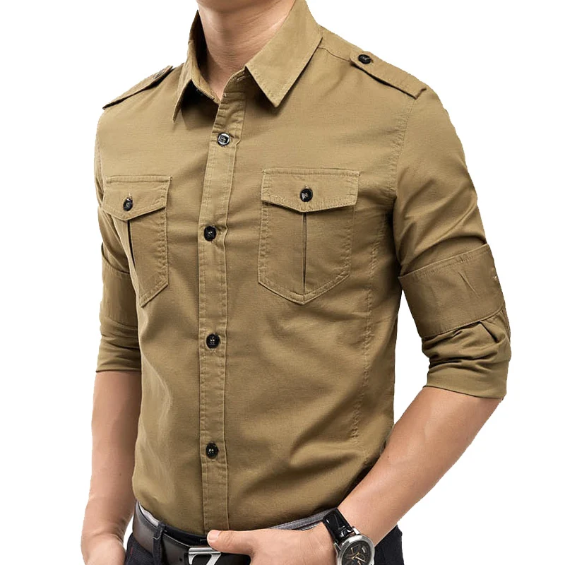 2023 Military Slim Fit Mens Long Sleeve Cargo Shirts Causaul Blouses Yellow Army green M-5XL