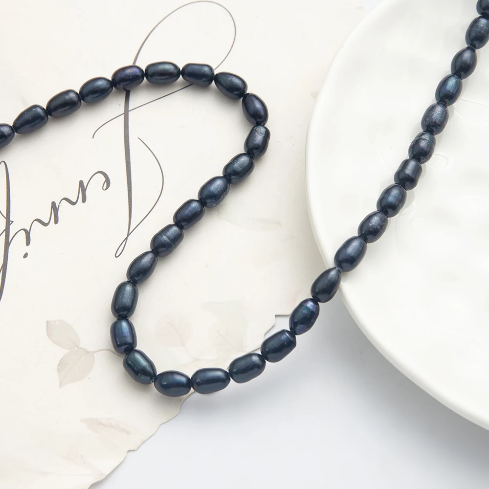 6-7 مللي متر شكل الأرز الأسود لؤلؤ المياه العذبة الطبيعية فضفاض الخرز سحر جودة عالية صنع المجوهرات عقد دي اي واي سوار أقراط