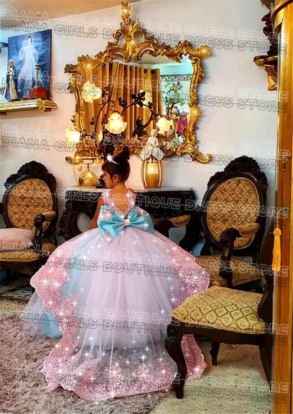 

Gorgeous Exquisite Lace Applique Flower Girl Dress Pink with Pink Tulle Fluffy Little Princess Kids Birthday Party Gowns