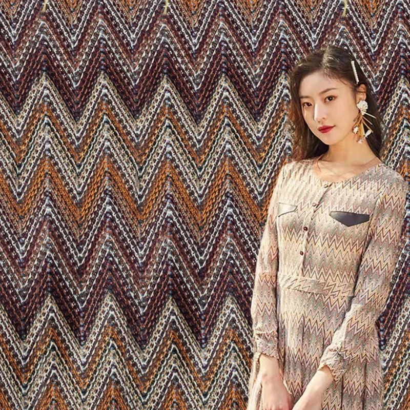 Coffee Colored Blue Pure Polyester Wavy Lace Crochet Jacquard Knitted Fabric Clothing Design European and American Fabrics