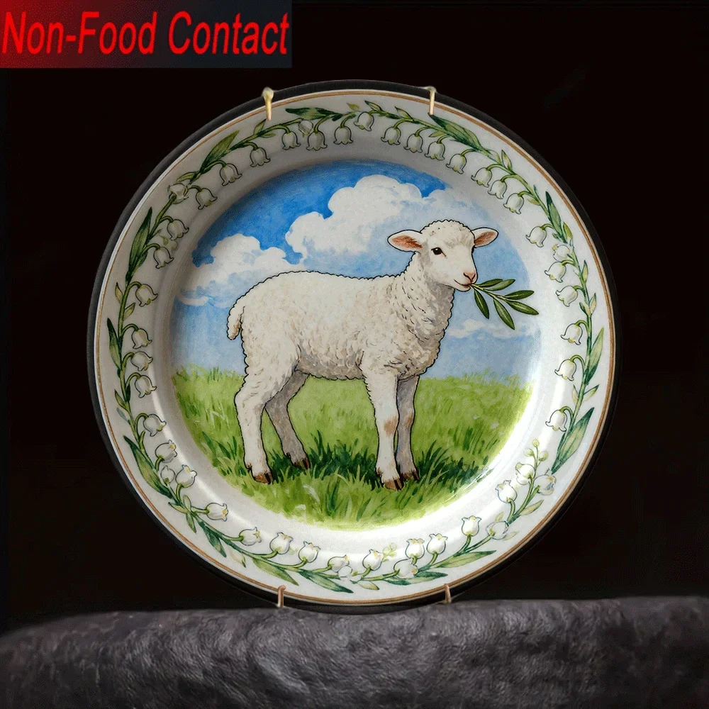 2D Flat, 1pc Ceramic Decorative Plate - Non-Food Contact, Pastoral Sheep & Lily of the Valley Border Design with Blue Sky &
