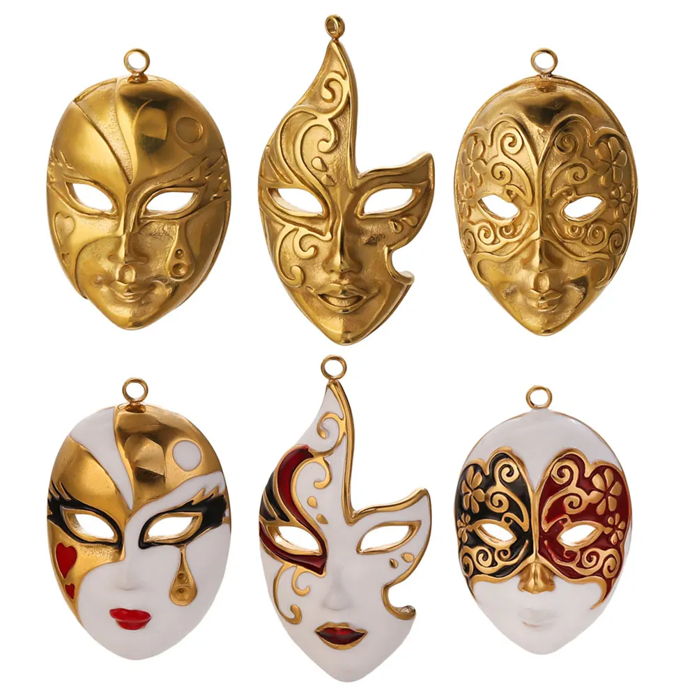 2 Stück Edelstahl-Maskenanhänger, vergoldet, Emaille, venezianische Maske, Gesichtsanhänger für DIY-Schmuckherstellung, Damen-Ohrringmaterial – Detail 1