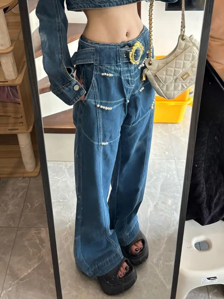 American Retro Washing Pearl Printed Jeans  Women'S Summer New Design Slim Versatile Straight Trousers
