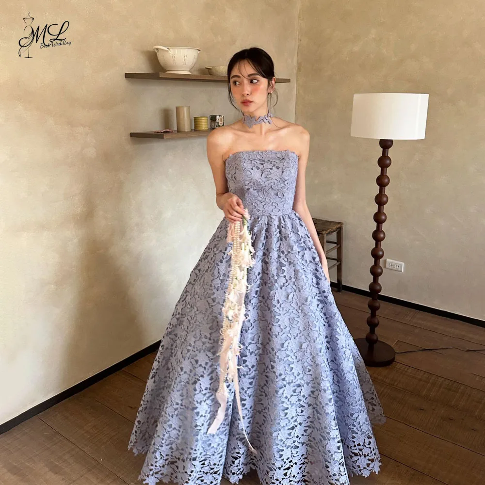 Vestido de Noche Lila con Encaje, Estilo Coreano, para Sesión de Fotos de Boda, Sin Tirantes, Corte en A, con Collar, Vestido Largo de Fiesta Personalizado