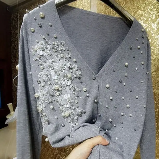 Shiny Luxury Pearls Beaded 3D FlowersThin Knitted Cardigan Sequins Rhinestone Sweater Coat Jumpers Crystal Knitwear Outwear Tops