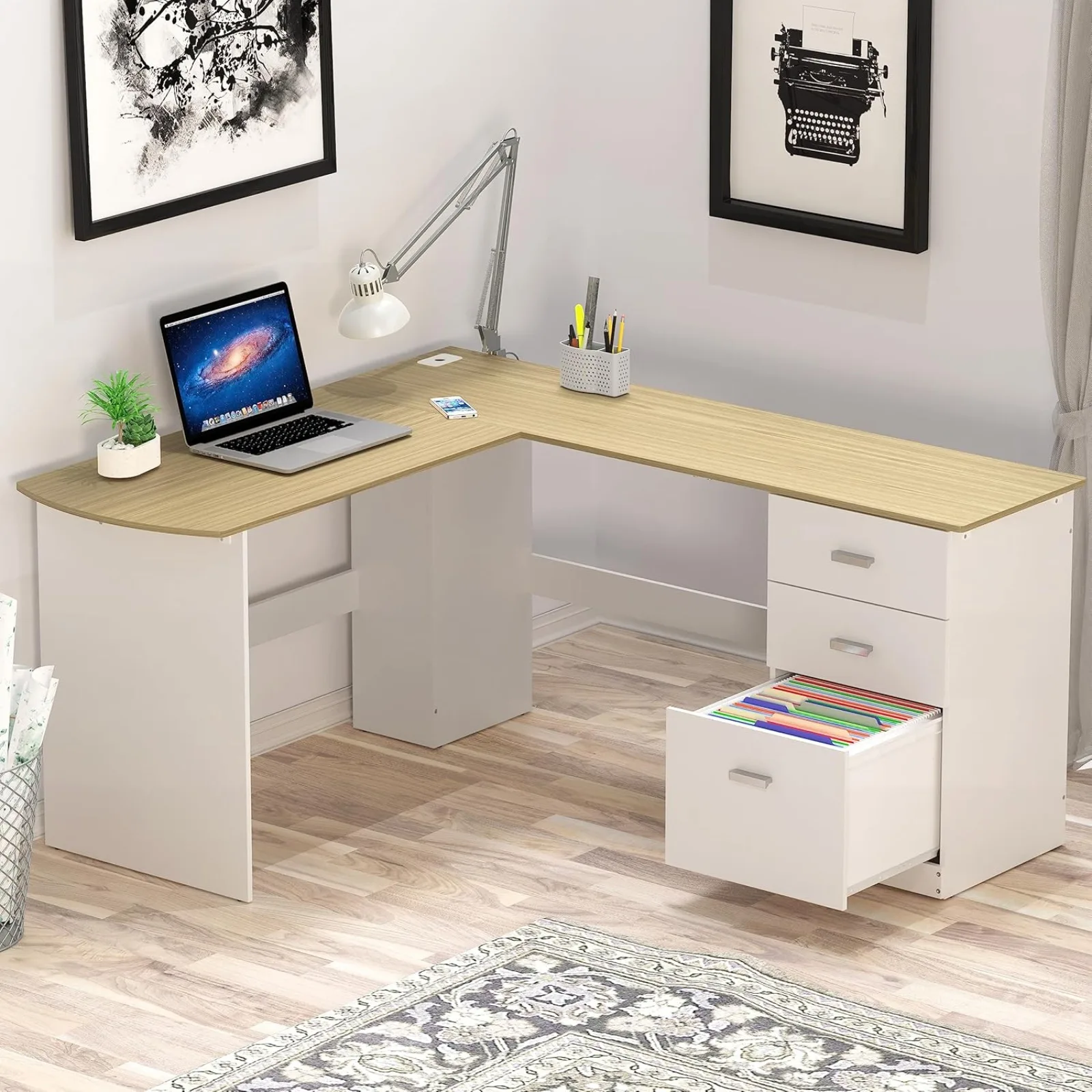 

US L-Shaped Home Office Wood Corner Desk with 3 Drawers, Oak