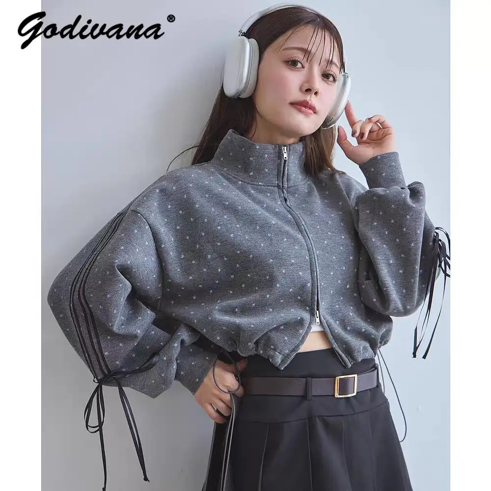 Japanese New Sweet Girls Casual Turtleneck Jacket Short Zipper Coat Solid Color Autumn Women's Cropped Jacket Loose Hoodies