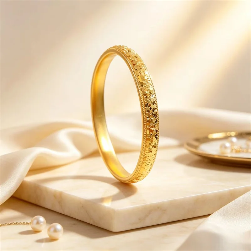 au999-24k-solid-sparkly-ice-chip-closed-gold-bangle-beaded-edge-shiny-fish-scale-bracelet-women-wedding-jewelry-gift-for-her