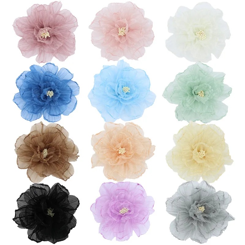 

1pcs 9-10CM Organza Chiffon Fabric Flower Beads Center Handmade DIY Artificial Flower Headwear Dress Hairpin Shoes Neck Decor