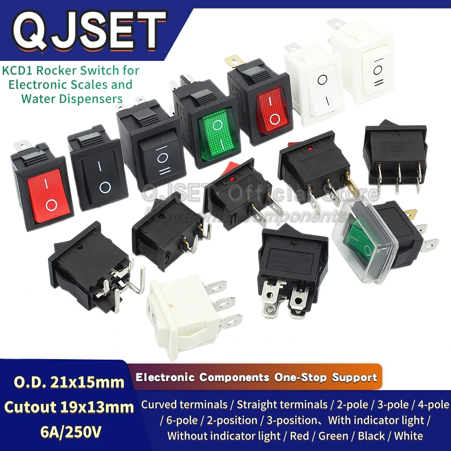 5Pcs KCD1 15X21mm 2/3/4/6 Pin 2/3-Position Push-button Power Switches Black Red Green 6A/250V 10A/125V AC Water Dispenser Switch
