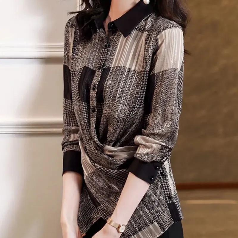 2023 Spring Autumn Plaid Spliced Blouse Stylish Asymmetrical Bandage Women\'s Clothing Long Sleeve Commute Turn-down Collar Shirt