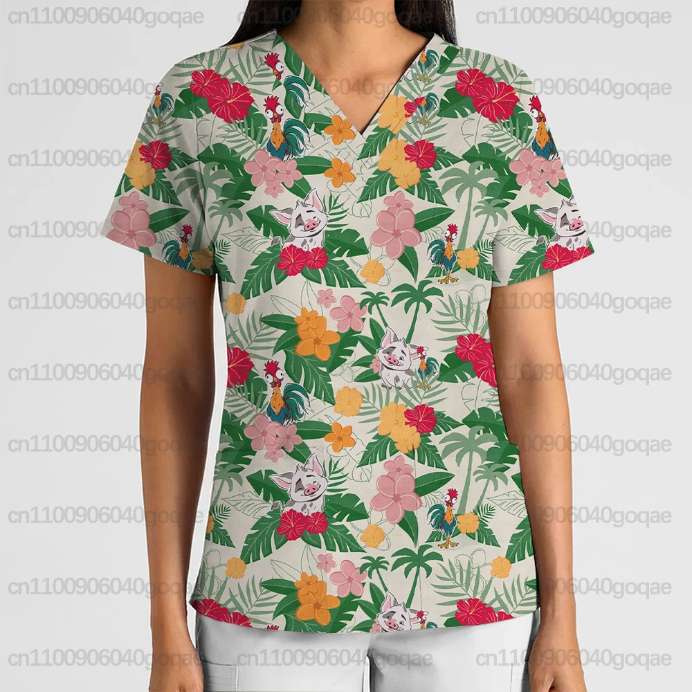 

Новый летний женский топ с v-образным вырезом и карманами, женская футболка для салона красоты, спа, моана, рабочая униформа с принтом, топ для спа-лаборатории