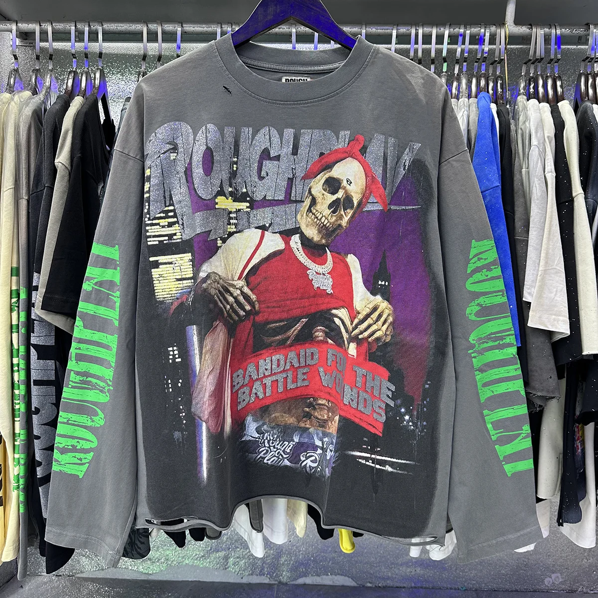 Rough Play American Style Skeleton Man Vintage Ripped Long Sleeve T-Shirt Pure Cotton Loose Fit Youthful Trend Street Style C...