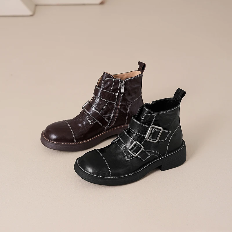 

Women’s Genuine Sheepskin Leather Belt Buckle Ankle Boots Chunky Heel British Style Versatile Fashion Boots