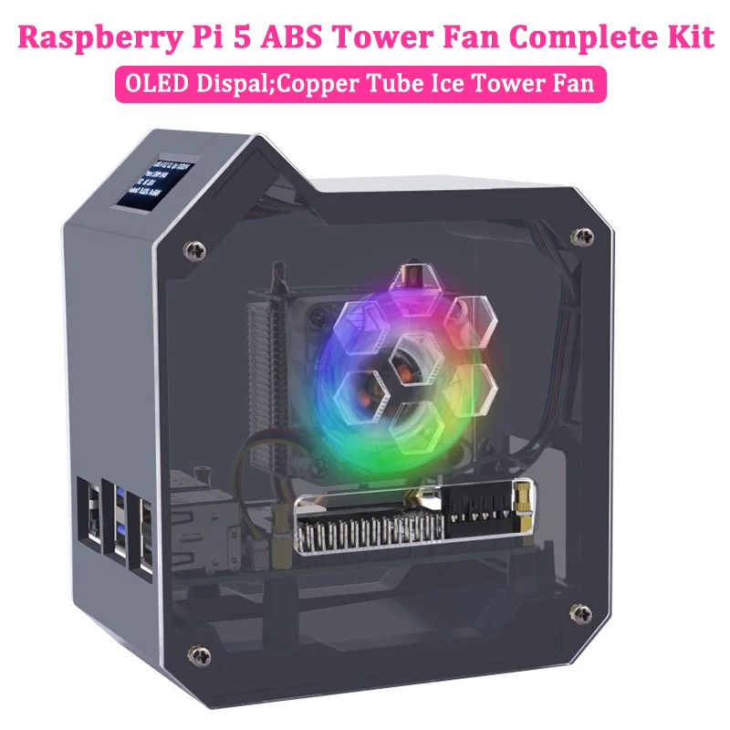 GeeekPi Raspberry Pi 5 ABS Mini Tower Complete Kit With Cooler Ice Tower 0.96 Screen Dispaly Power Supply For Raspberry Pi 5