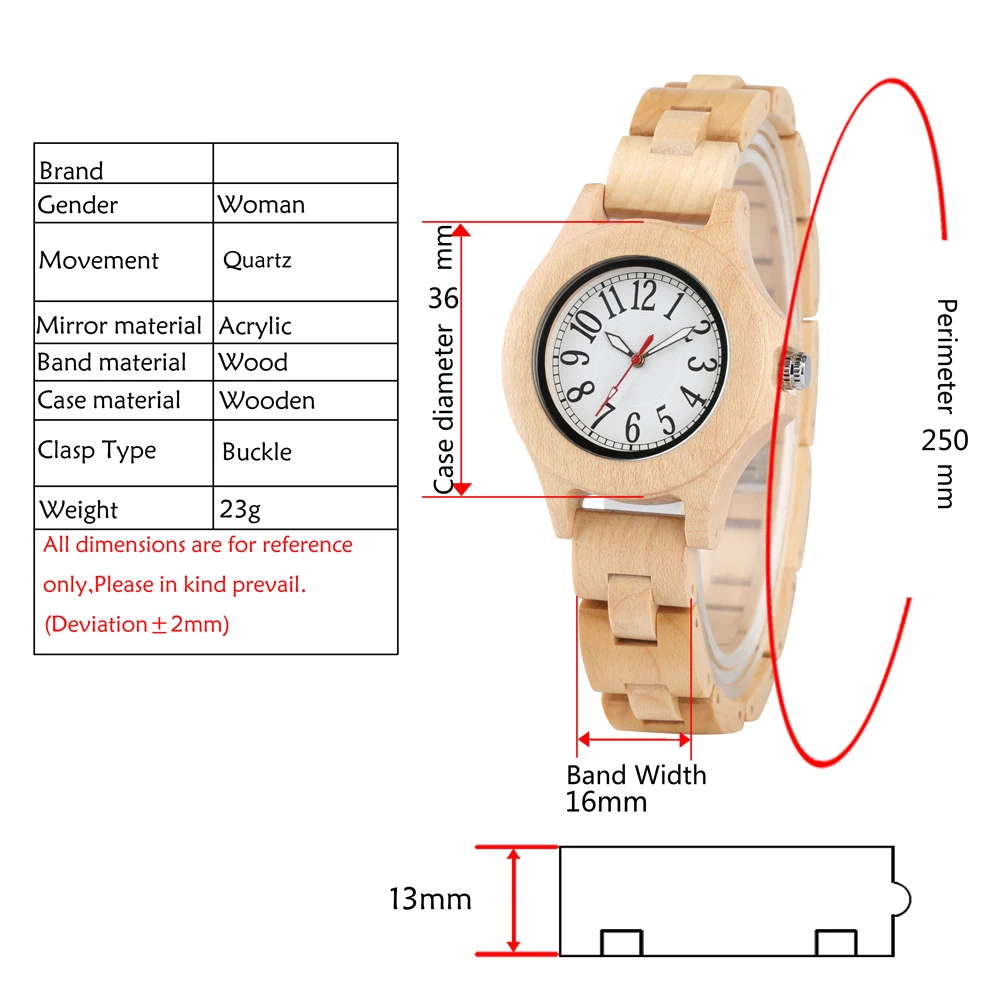 Natural Maple Wood Quartz Ladies Watch Bracelet Clasp Buckle Full Wooden Wristband Arabic Numerals Round Dial Women Watches