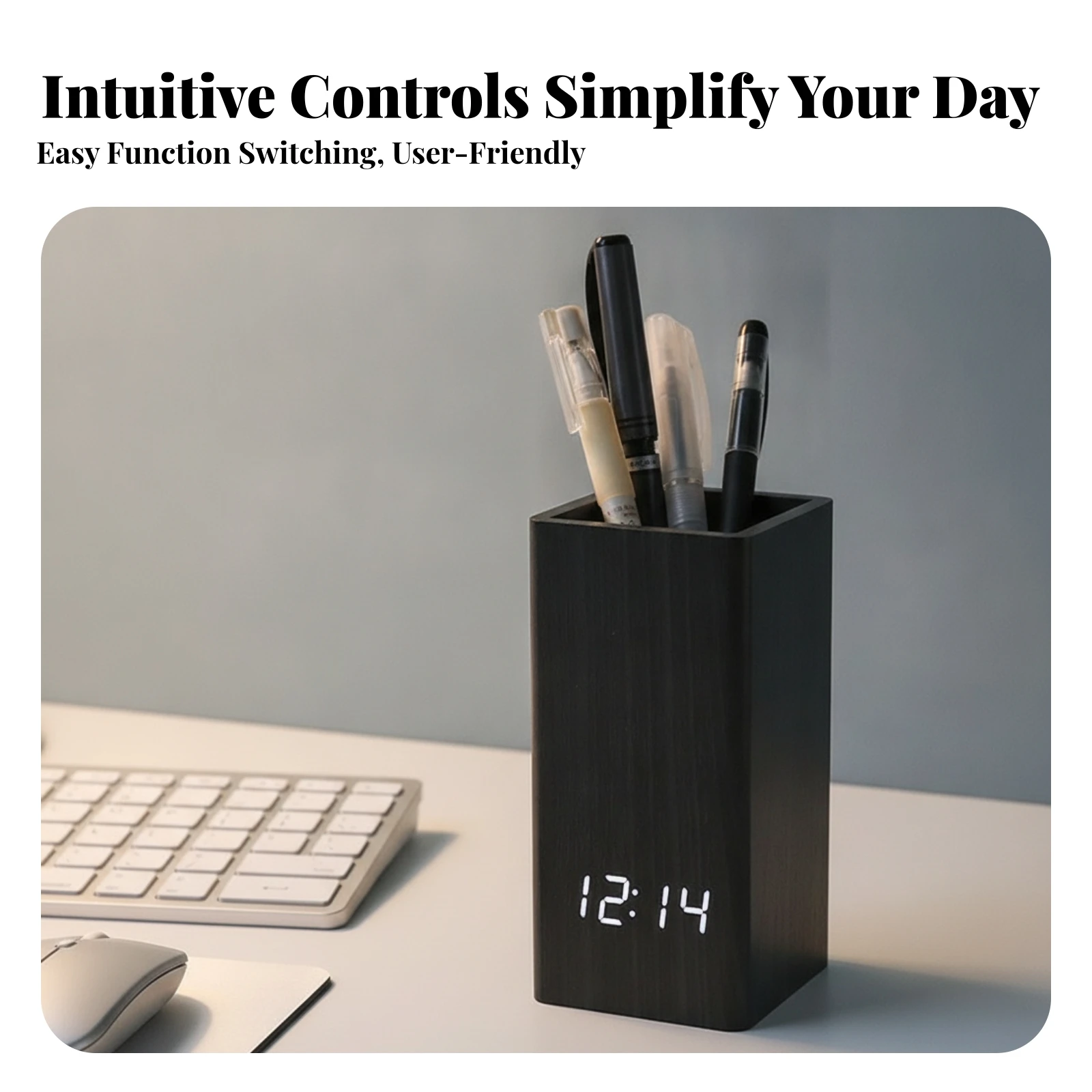 LED Pen Holder Clock Open-Top Wood Desk Clock Holder Digital Desk Organizer Rectangular for Desktop