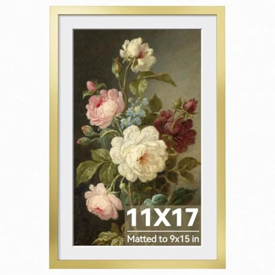 

11x17 Picture Frame Gold, Gold Picture Frames Display Photos 9x15 with Mat or 11x17 Without Mat, 1 Pack Plastic Frame for Wall