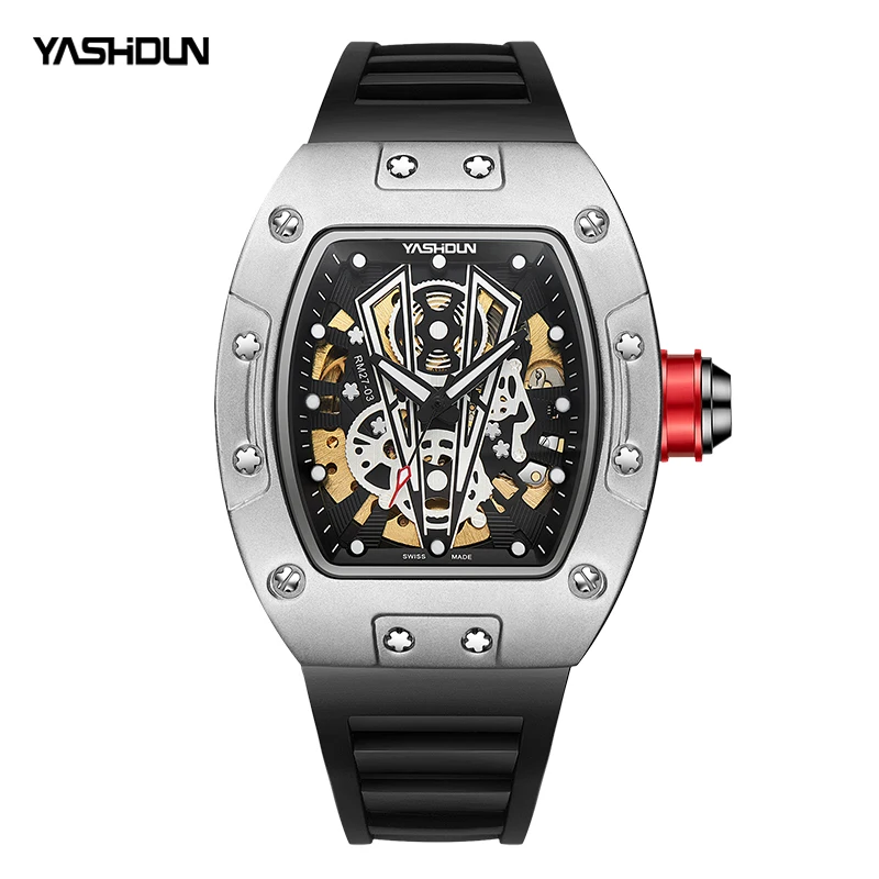 yashidun relógio mecânico masculino moda relógio de pulso à prova dwaterproof água luminosa barril vinho estilo mecânico design esporte relógio de pulso homem