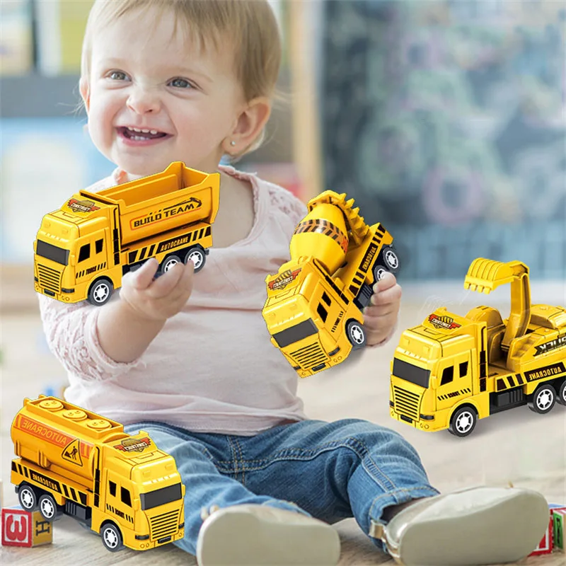 4Pcs Kids Toy Car Mini Pull Back Engineering Vehicle Inertia Excavation Mixer Truck Models Boys Toys for Children Funny Gifts