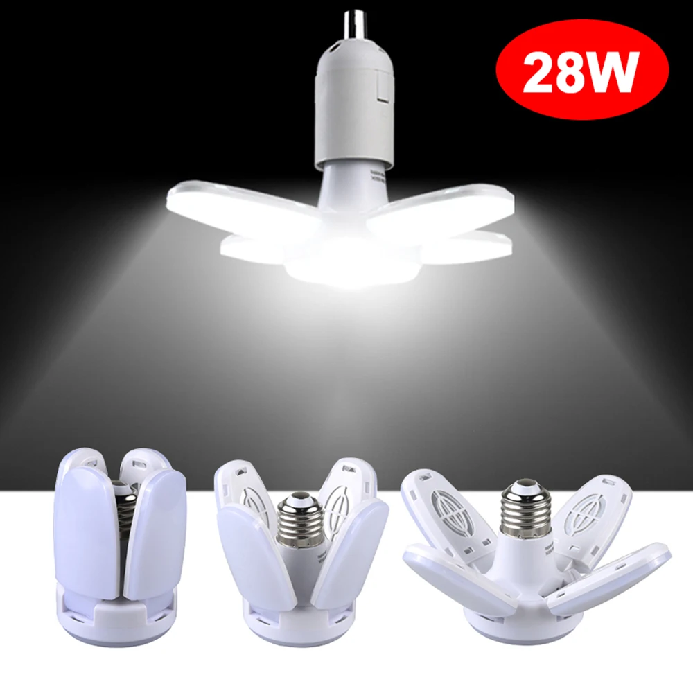 Ampoule LED pliable en forme d'éventail E27, veilleuse 28W AC220V/110V pour plafonniers domestiques, entrepôt et Garage, lumière blanche 6500K