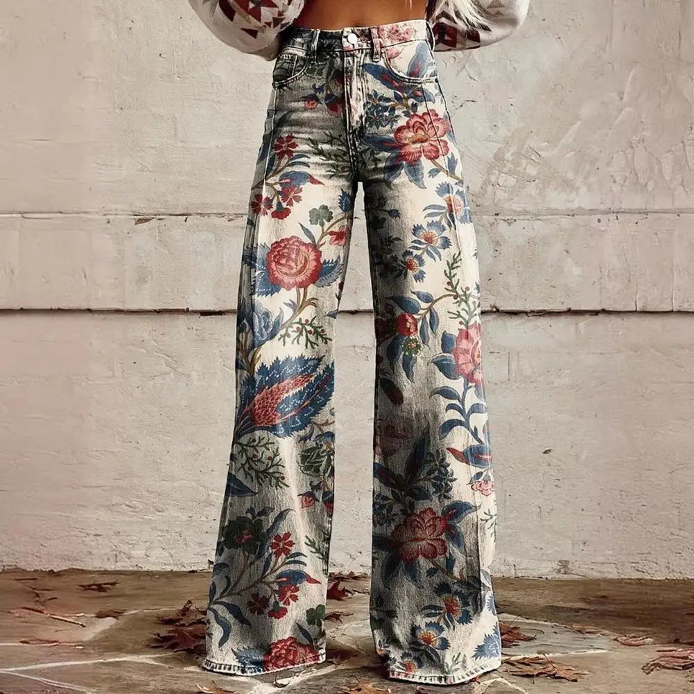 Floral Print Casual Wide Leg Women Pants Mid-rise Button Zipper Fly Digital Floral Print Leisure Trousers Loose Pants Streetwear