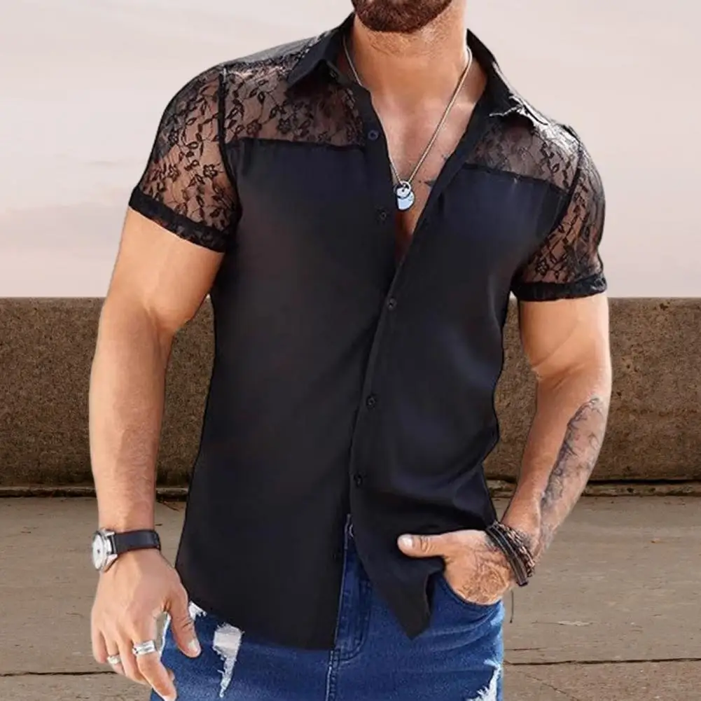 

Летние модные мужские сетчатые рубашки: стильные, с коротким рукавом, ажурные, для отпуска, сексуальные, прозрачные, кружевные кардиганы-топы