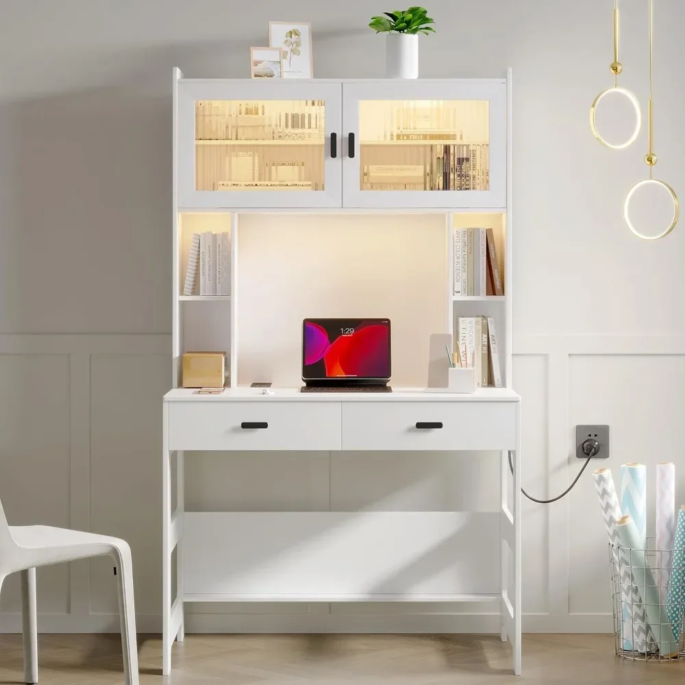 

LED Computer Desk with Hutch, 40 Inch Modern Study Desk with Power Outlet, Wooden Home Office Desk with Storage Drawers