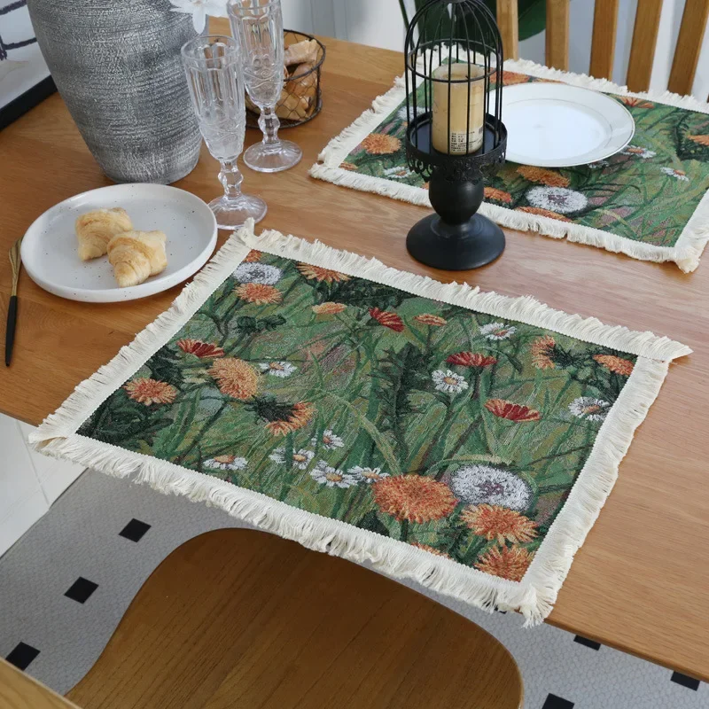 

American Vintage Floral Oil Painting Tablecloth Retro Fabric Placemat Fringe Home Decor Showroom Display