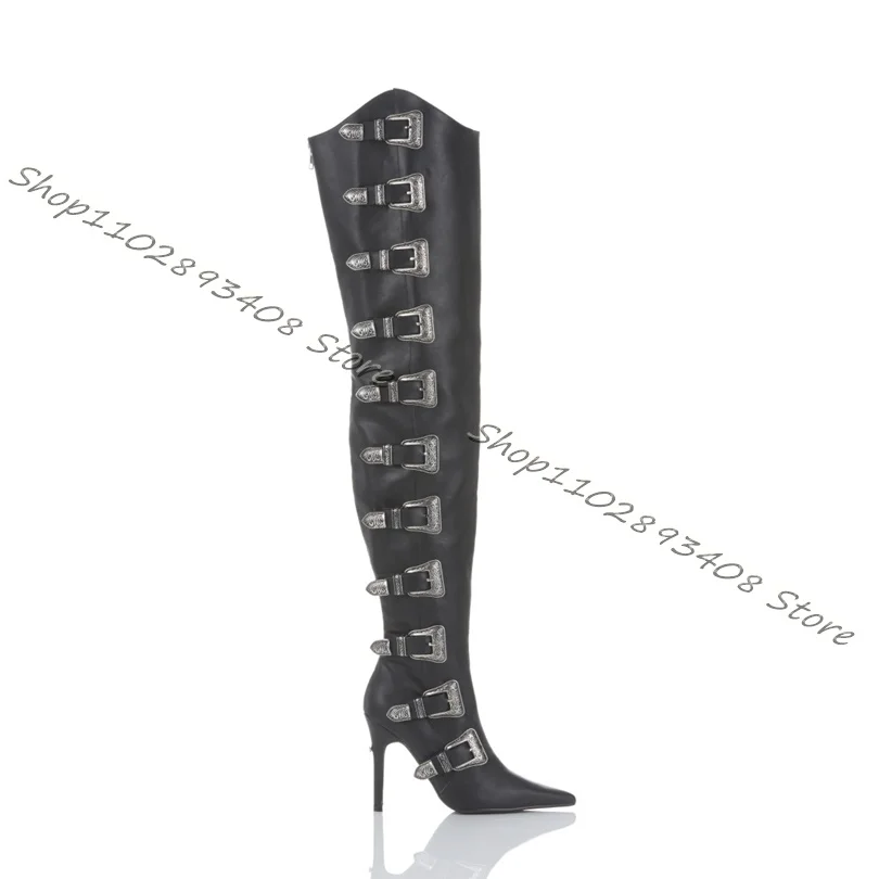 Blue Belt Buckle Decor Knee Boots Back Zipper Stiletto British Style Pointed Toe Shoes Women Fashion Boots Zapatos Para Mujere