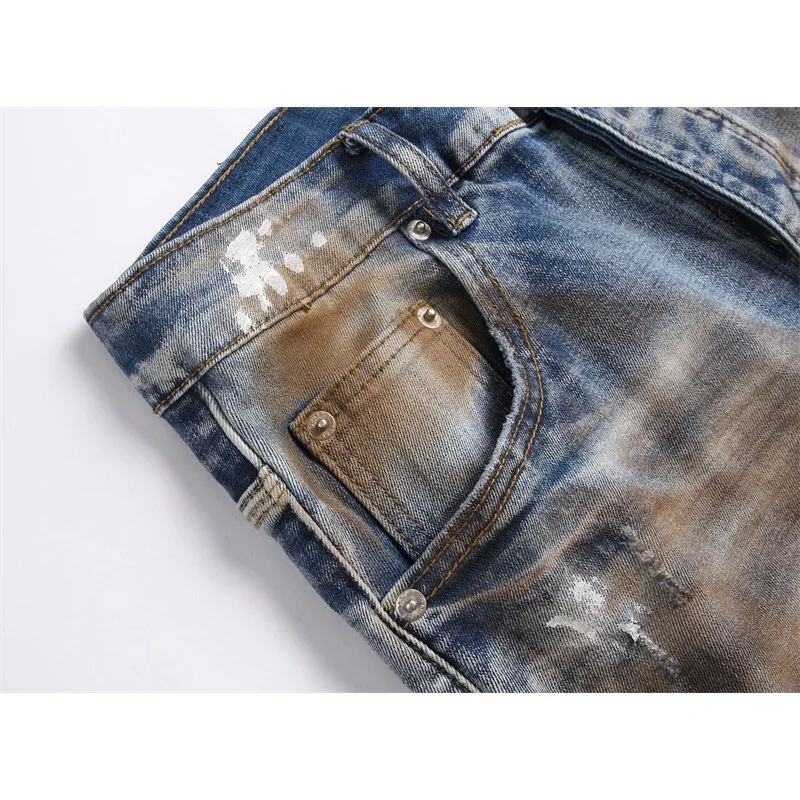 Y2K jeans personalized fashion street holes paint retro blue heavy craft Slim micro-stretch small straight men's jeans
