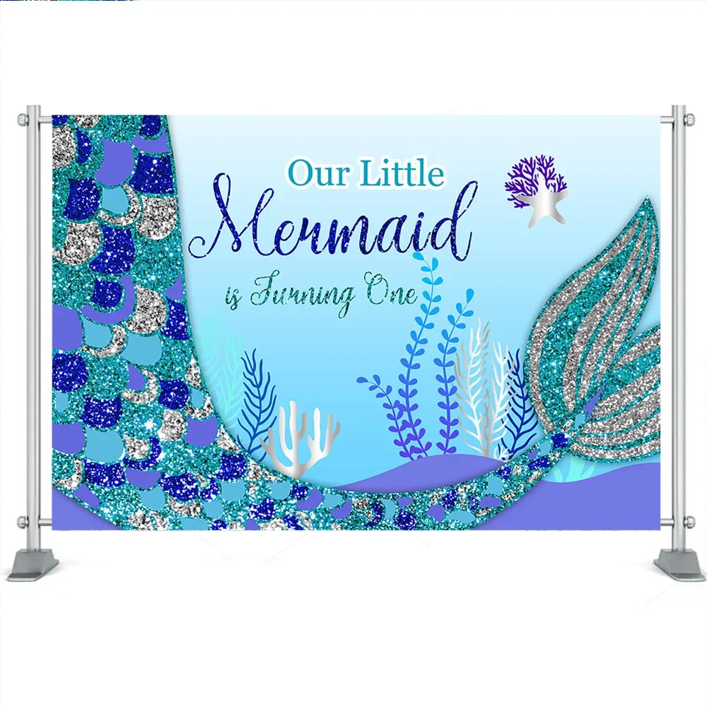 Little Mermaid Backdrop Cartoon Girl's 1st Birthday Party Background Under the Sea Photography Glitter Fishtail Photo Studio