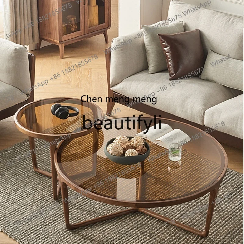 N178 Nordic round coffee table North American black walnut living room solid wood tempered glass round table combination