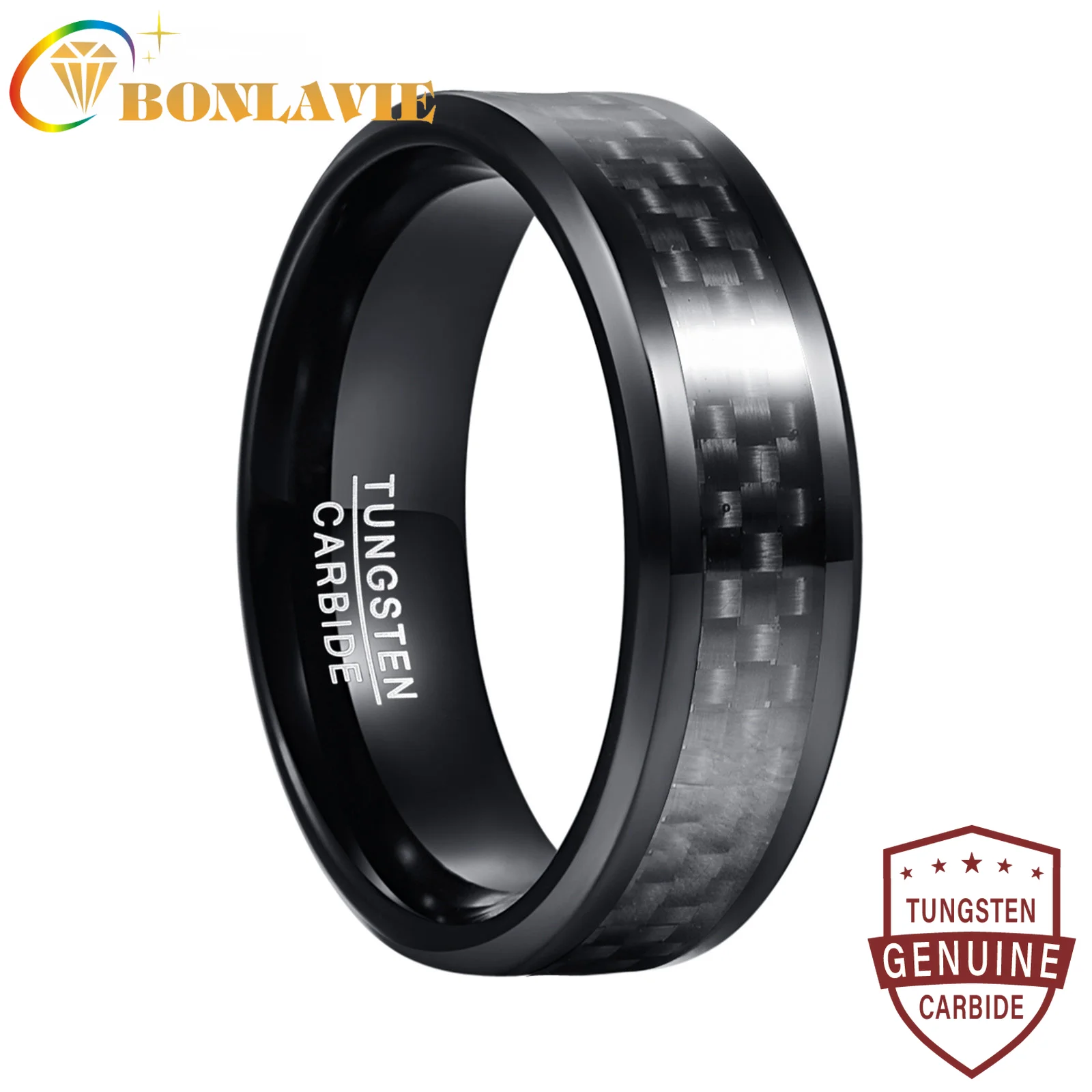 BONLAVIE 8mm Width Men‘s Tungsten Carbide Ring Inlaid Black Carbon Fiber Black Tungsten Steel Ring Good Quality