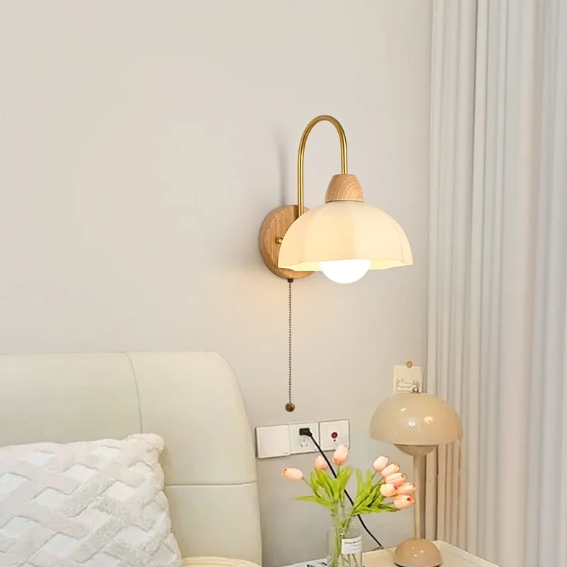 IWHD Glass Wood LED applique da parete illuminazione decorativa per camera da letto soggiorno Coffee Pull Chain Switch Modern comodino Lamp Mirror