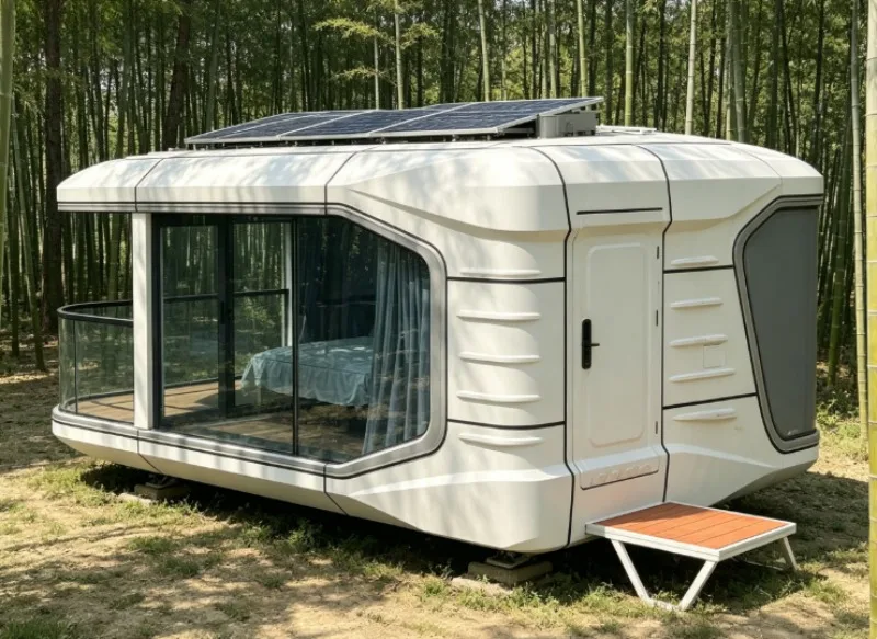 Modern Prefab Capsule House With Complete Smart Bathroom And Anti-theft Smart Door Lock For Glamping Resort Use